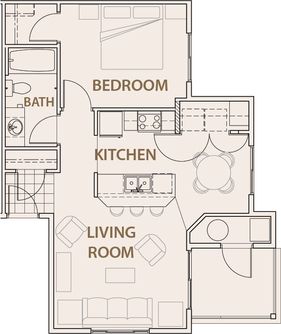 Floor plan for 1 bed, 1 bath, 695 sqft